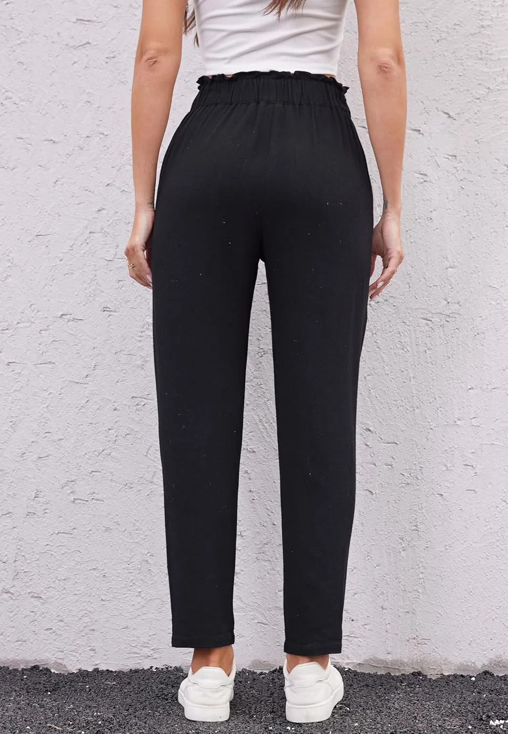 Fakanhui Women's Linen Work Pants Summer Dressy Casual Business High Waist Paperbag Cropped Pants Trouser