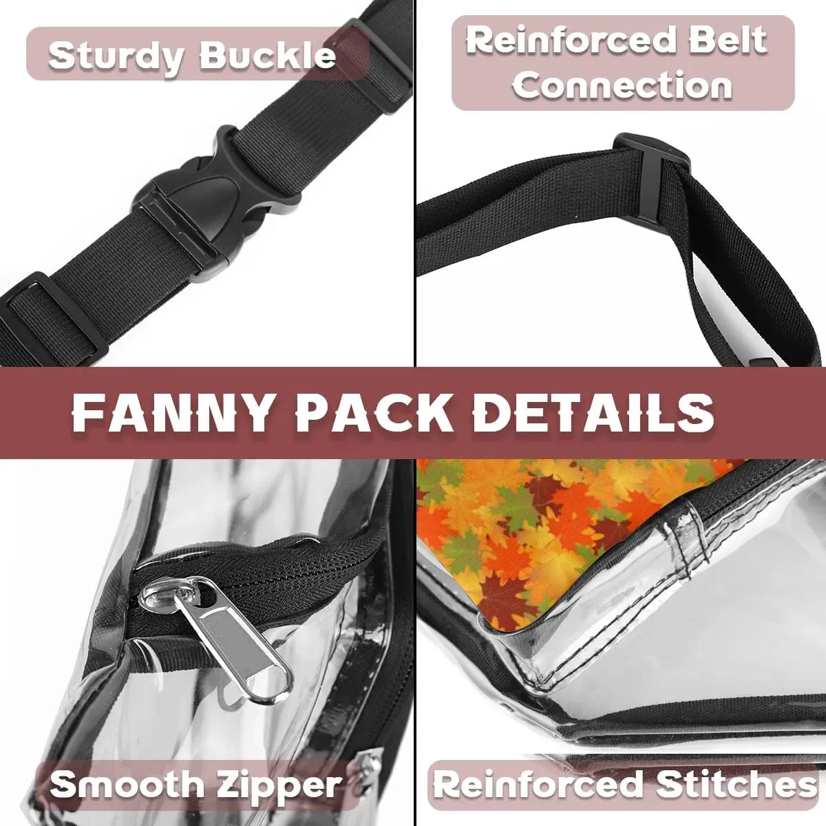 Fall Maple Leaves Clear Fanny Pack Stadium Approved Clear Crossbody Belt Bag for Women Men Transparent Waist Bag with Adjustable Strap for Concerts Sports Events Travel