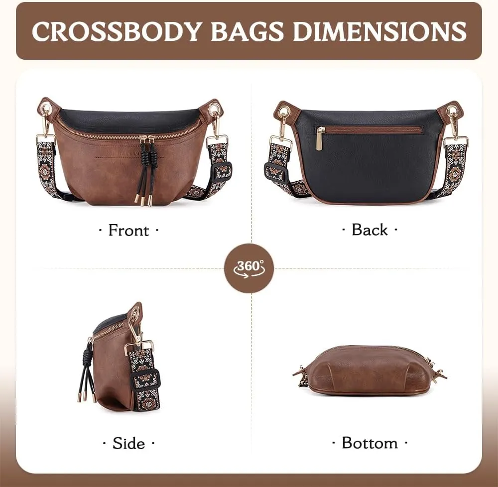 Fanny Pack Crossbody Bags for Women Vegan Leather Belt Bag Waist Pack Causal Chest Bum Bag With 2 Straps Black Brown