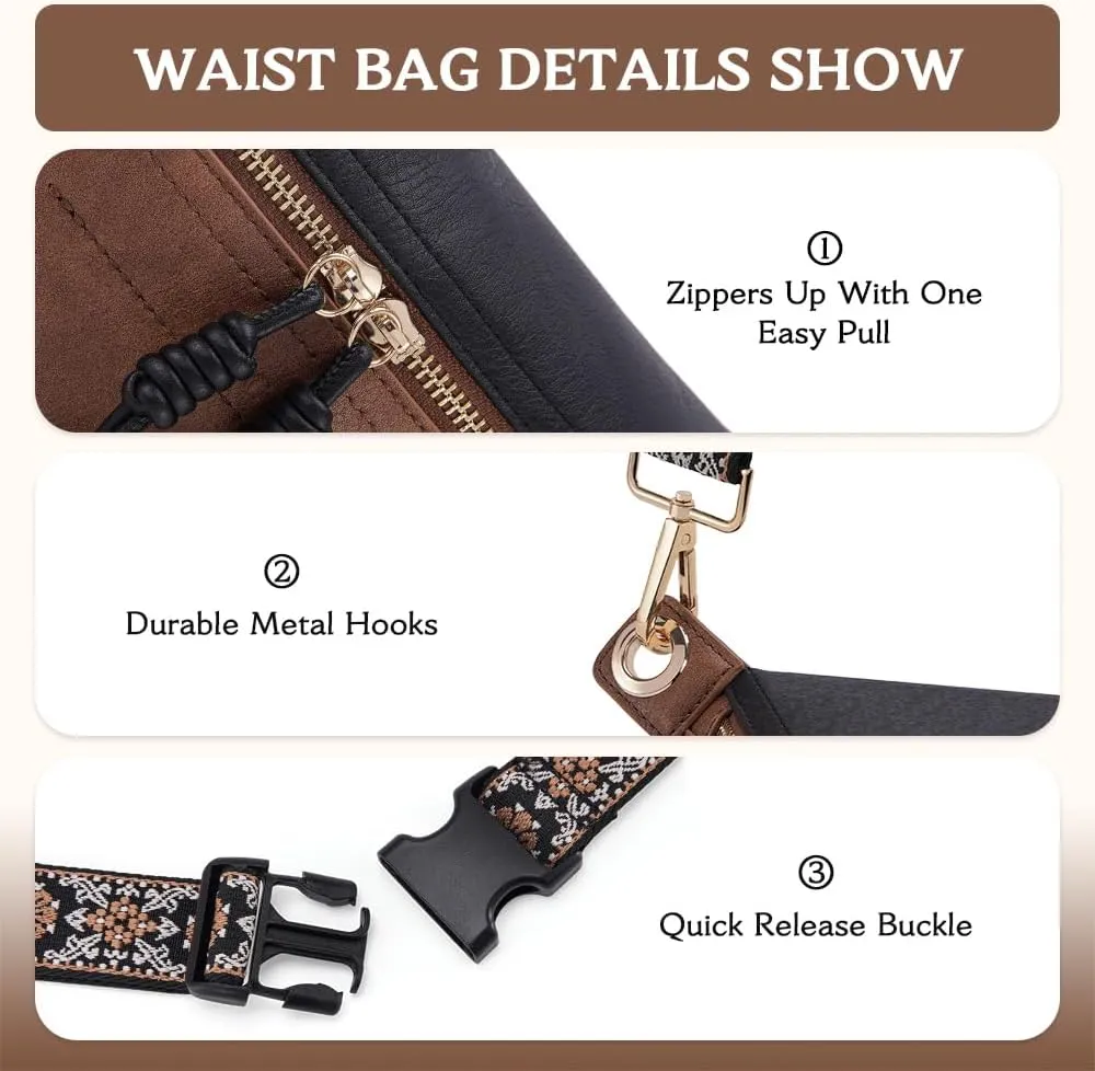 Fanny Pack Crossbody Bags for Women Vegan Leather Belt Bag Waist Pack Causal Chest Bum Bag With 2 Straps Black Brown