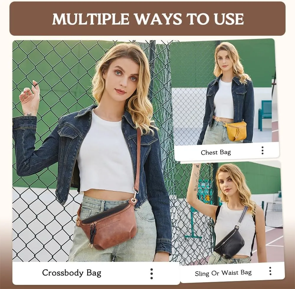 Fanny Pack Crossbody Bags for Women Vegan Leather Belt Bag Waist Pack Causal Chest Bum Bag With 2 Straps Black Brown