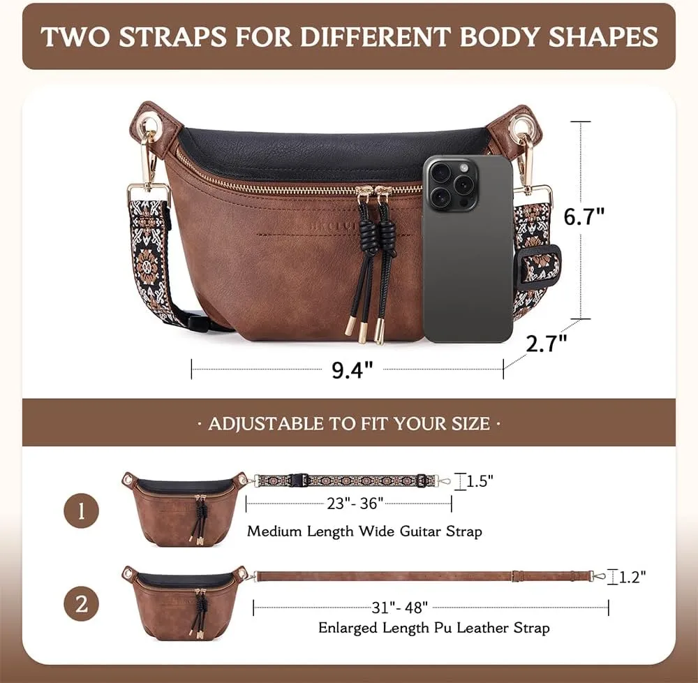 Fanny Pack Crossbody Bags for Women Vegan Leather Belt Bag Waist Pack Causal Chest Bum Bag With 2 Straps Black Brown