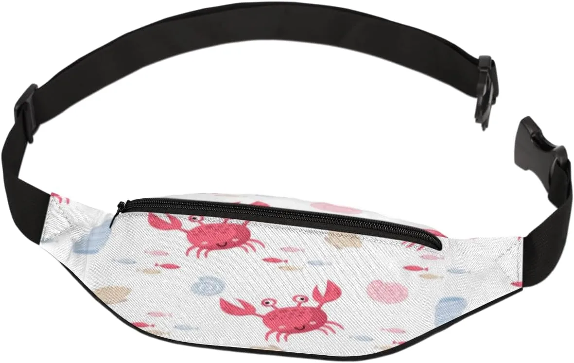 Fanny Pack for Women Men Cartoon Crabs Seashell Waist Pack Crossbody Bag with Adjustable Straps for Hiking Running Walking Travel Cycling