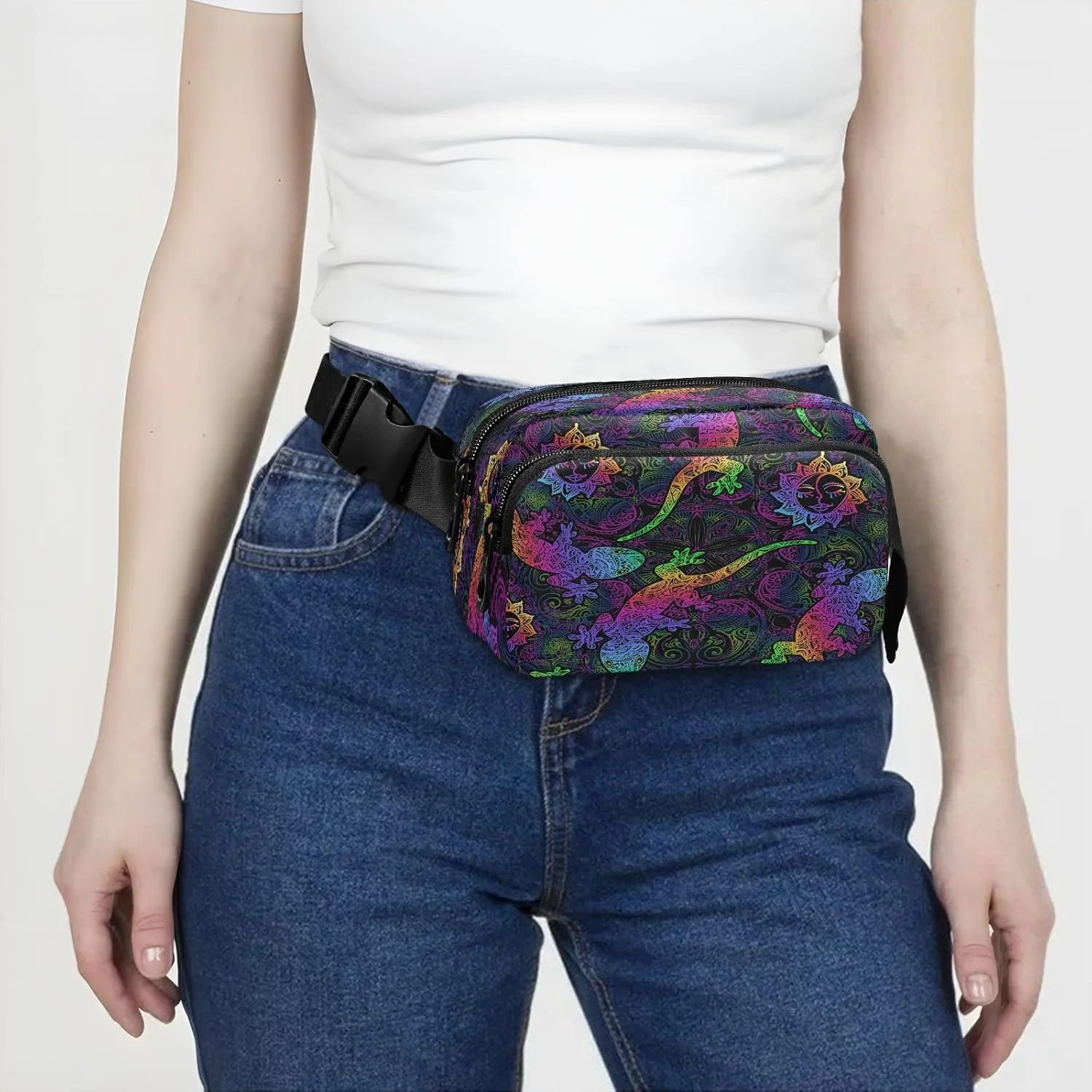 Fanny Packs for Women Men Colorful Lizards Belt Bag Waterproof Fashion Waist Pack with Adjustable Strap Sun Mandalas Waist Bag Hip Bumbags for Running Workout Travel Hiking Cycling
