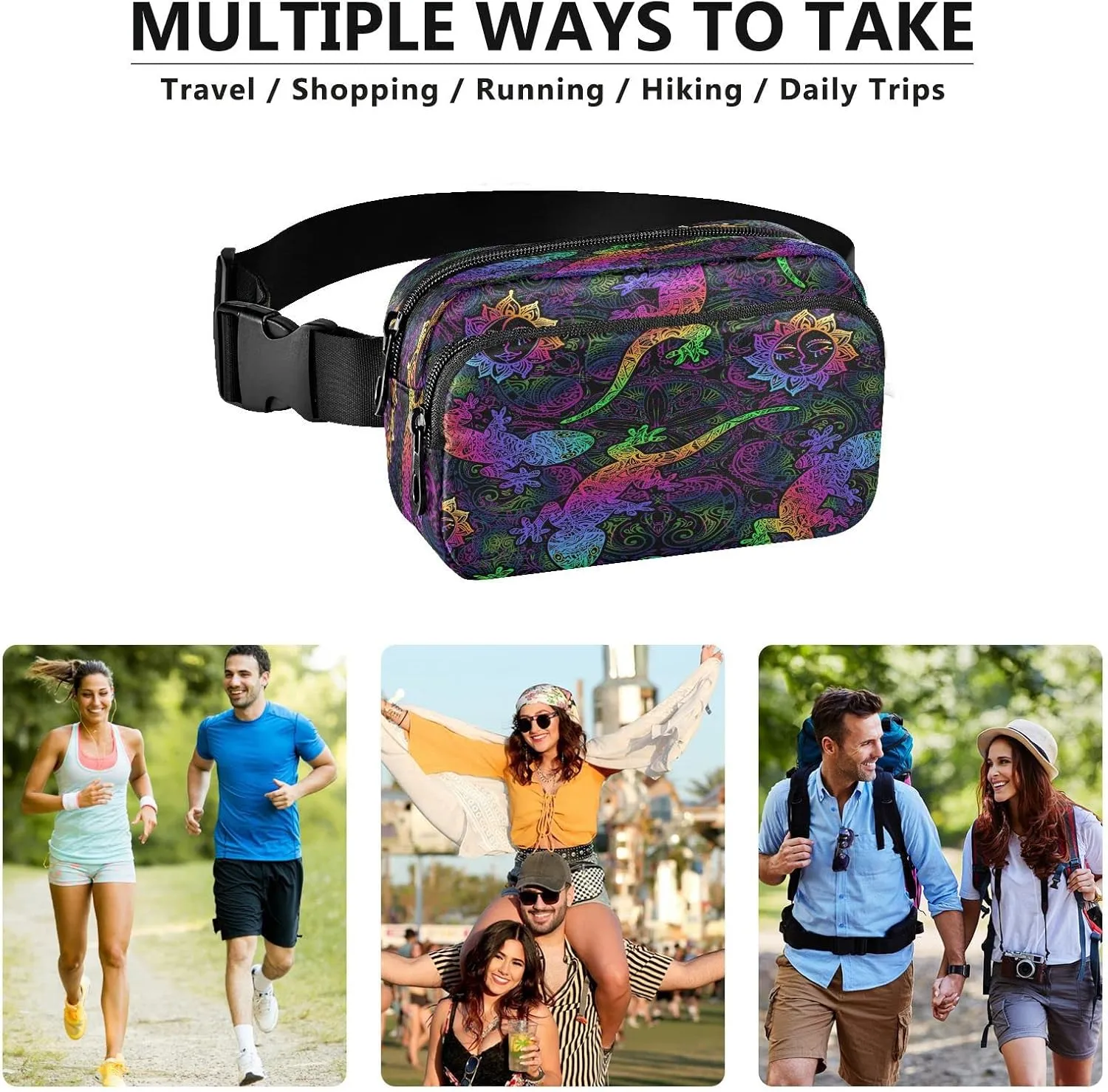 Fanny Packs for Women Men Colorful Lizards Belt Bag Waterproof Fashion Waist Pack with Adjustable Strap Sun Mandalas Waist Bag Hip Bumbags for Running Workout Travel Hiking Cycling