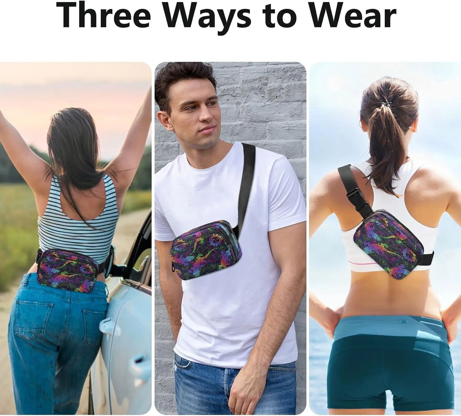 Fanny Packs for Women Men Colorful Lizards Belt Bag Waterproof Fashion Waist Pack with Adjustable Strap Sun Mandalas Waist Bag Hip Bumbags for Running Workout Travel Hiking Cycling