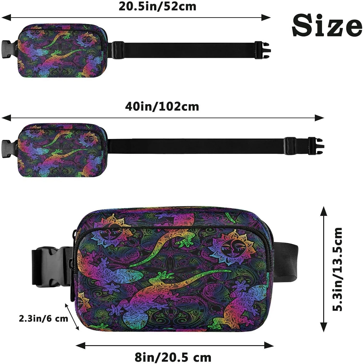 Fanny Packs for Women Men Colorful Lizards Belt Bag Waterproof Fashion Waist Pack with Adjustable Strap Sun Mandalas Waist Bag Hip Bumbags for Running Workout Travel Hiking Cycling