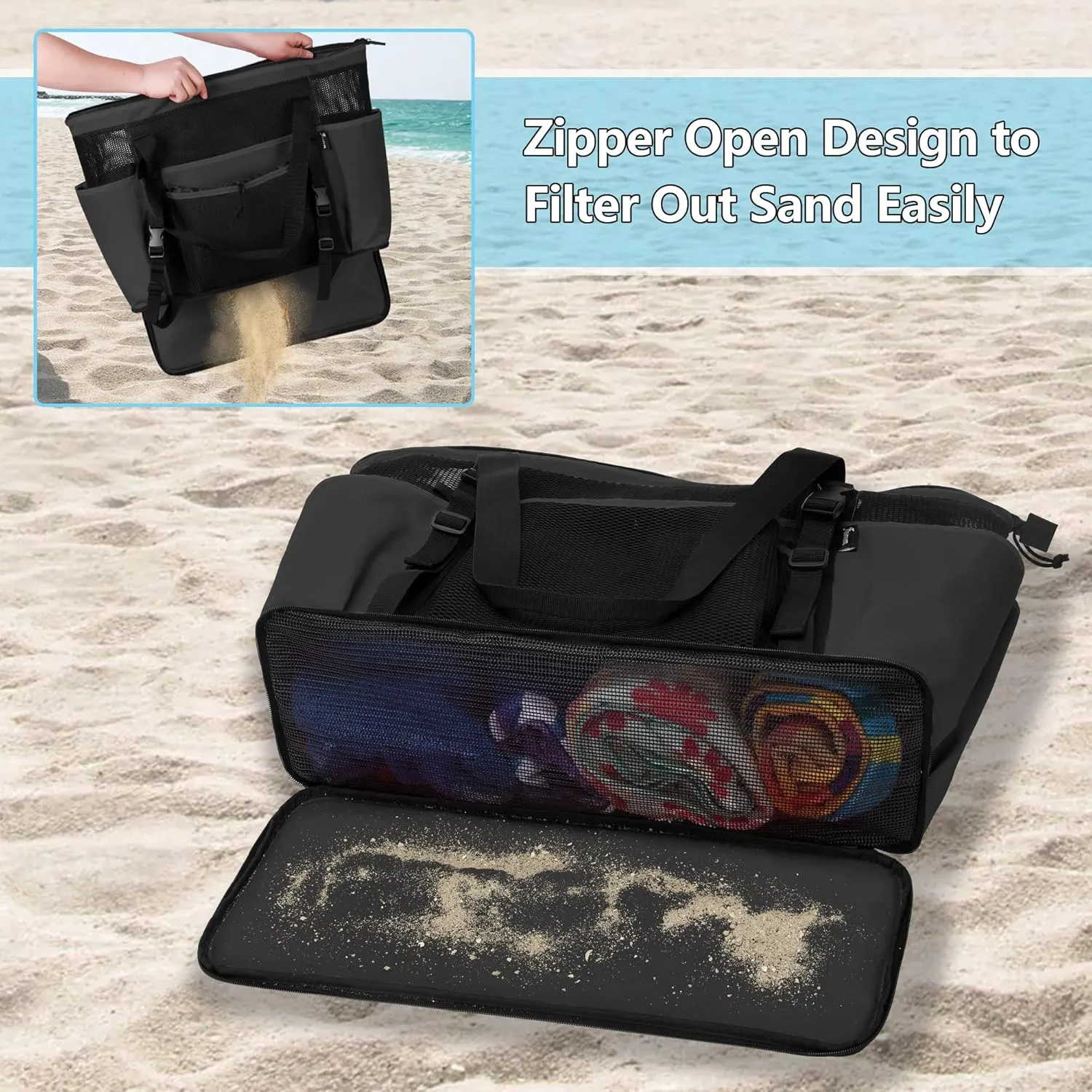 Fasrom Extra Large Mesh Beach Bag with Zipper Bottom, Family Beach Tote Bag with Wet and Dry Separation (Patent Design)