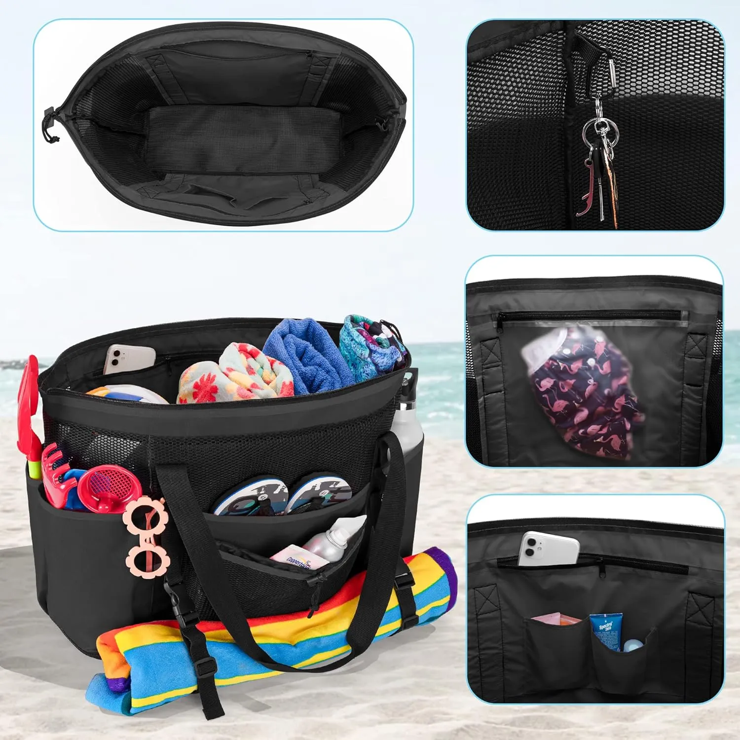 Fasrom Extra Large Mesh Beach Bag with Zipper Bottom, Family Beach Tote Bag with Wet and Dry Separation (Patent Design)