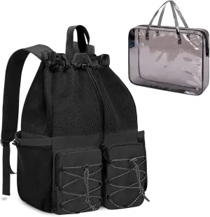 Fasrom Mesh Beach Bag Backpack with Waterproof Bag and Pocket, Large Drawstring Swim Backpack for Travel, Gym and Pool Sports