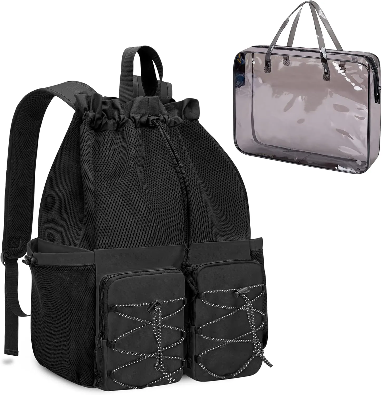 Fasrom Mesh Beach Bag Backpack with Waterproof Bag and Pocket, Large Drawstring Swim Backpack for Travel, Gym and Pool Sports