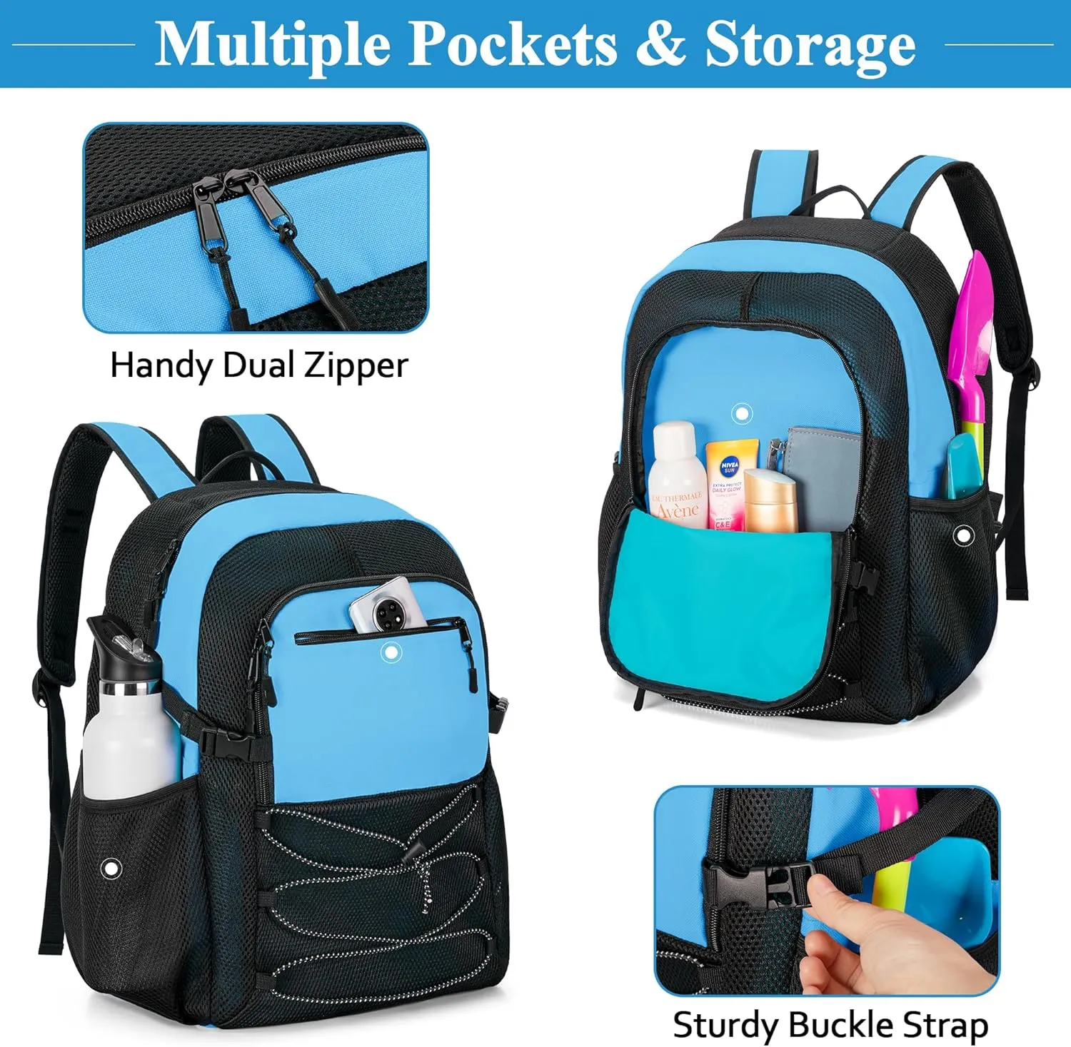Fasrom Mesh Beach Bag Backpack with Wet Item Pocket, Swim Backpack for Pool, Travel and Gym (Patent Design, Empty Bag Only), Blue