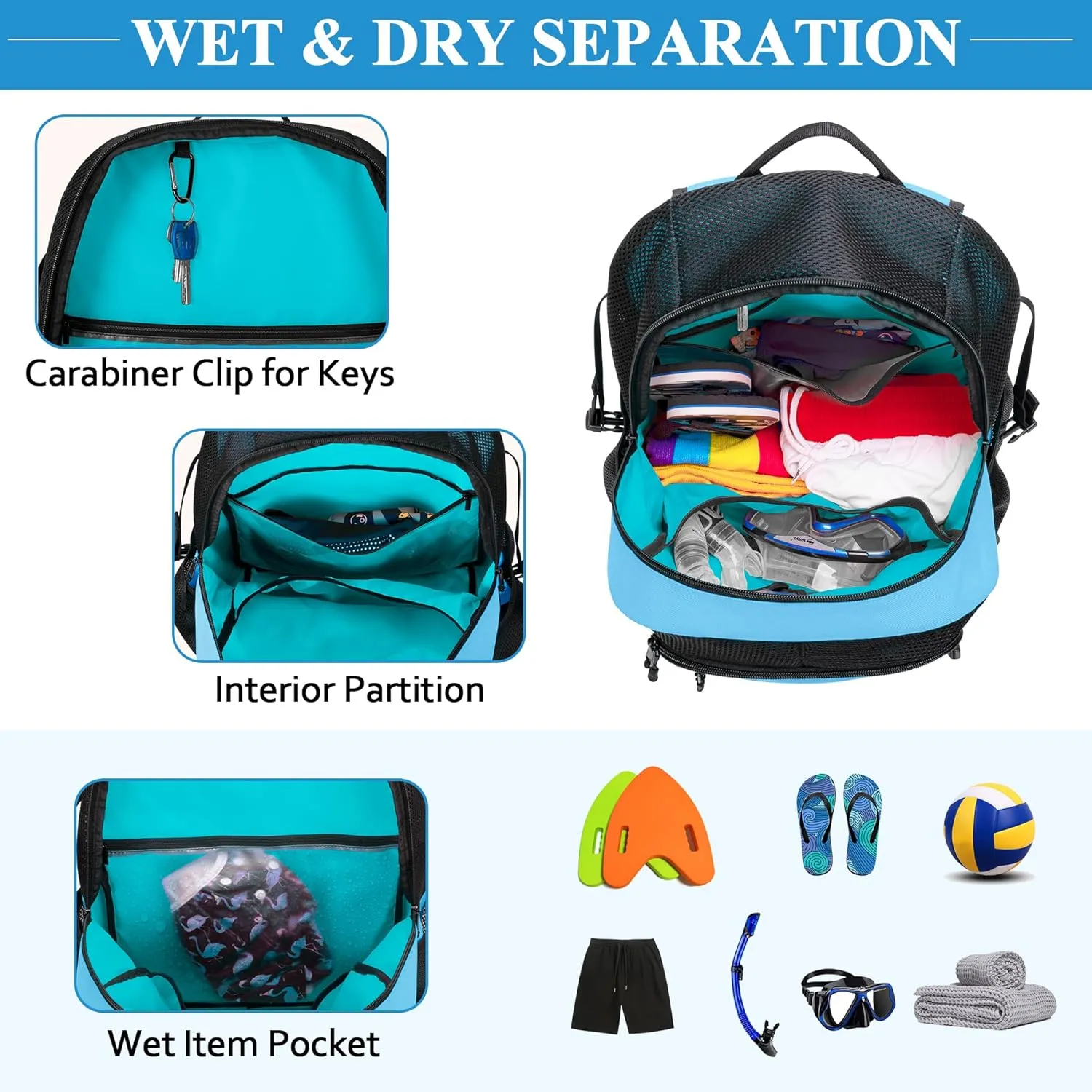Fasrom Mesh Beach Bag Backpack with Wet Item Pocket, Swim Backpack for Pool, Travel and Gym (Patent Design, Empty Bag Only), Blue