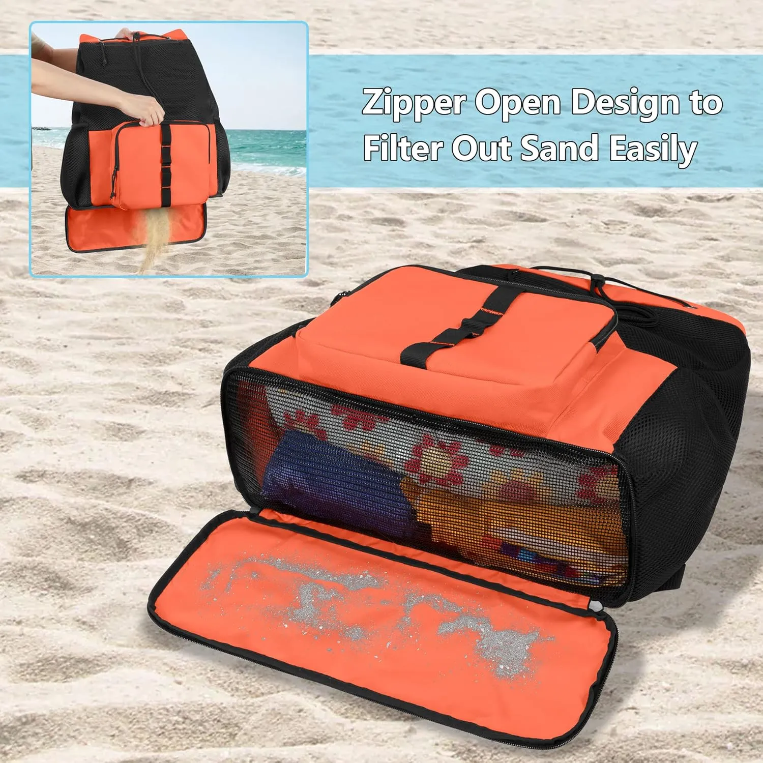 Fasrom Mesh Beach Bag Backpack with Zipper Bottom, Sport Gym Backpack for Swimming, Beach, Pool and Travel(Patent Design)