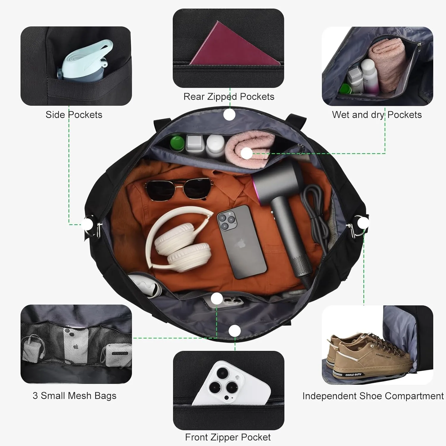 Felipe Varela Carry on luaggage 22x14x9 Airlines Approved, Foldable Carry on Bag Travel Duffel Bags Small Overnight weekender Gym Duffle Bag with Wet Pocket for Women Men (Black, 40L)
