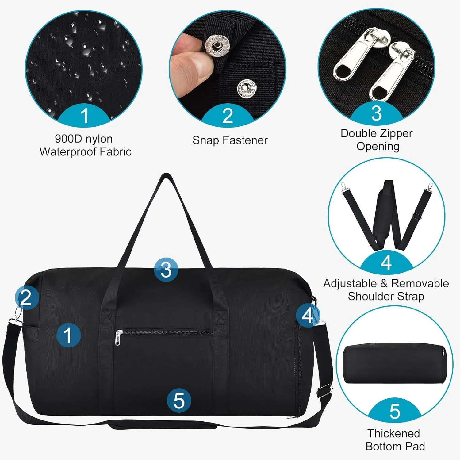 Felipe Varela Carry on luaggage 22x14x9 Airlines Approved, Foldable Carry on Bag Travel Duffel Bags Small Overnight weekender Gym Duffle Bag with Wet Pocket for Women Men (Black, 40L)