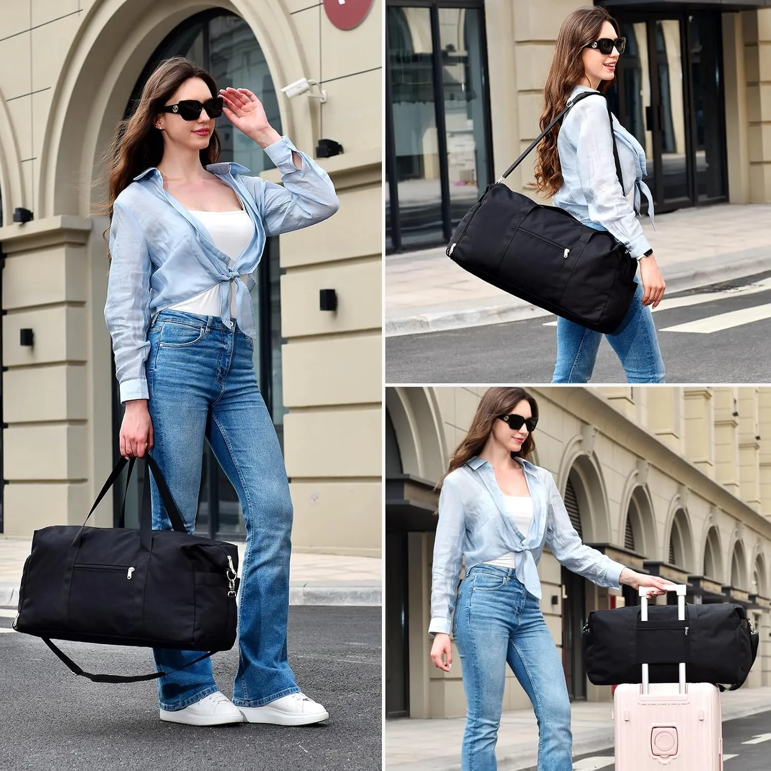 Felipe Varela Carry on luaggage 22x14x9 Airlines Approved, Foldable Carry on Bag Travel Duffel Bags Small Overnight weekender Gym Duffle Bag with Wet Pocket for Women Men (Black, 40L)