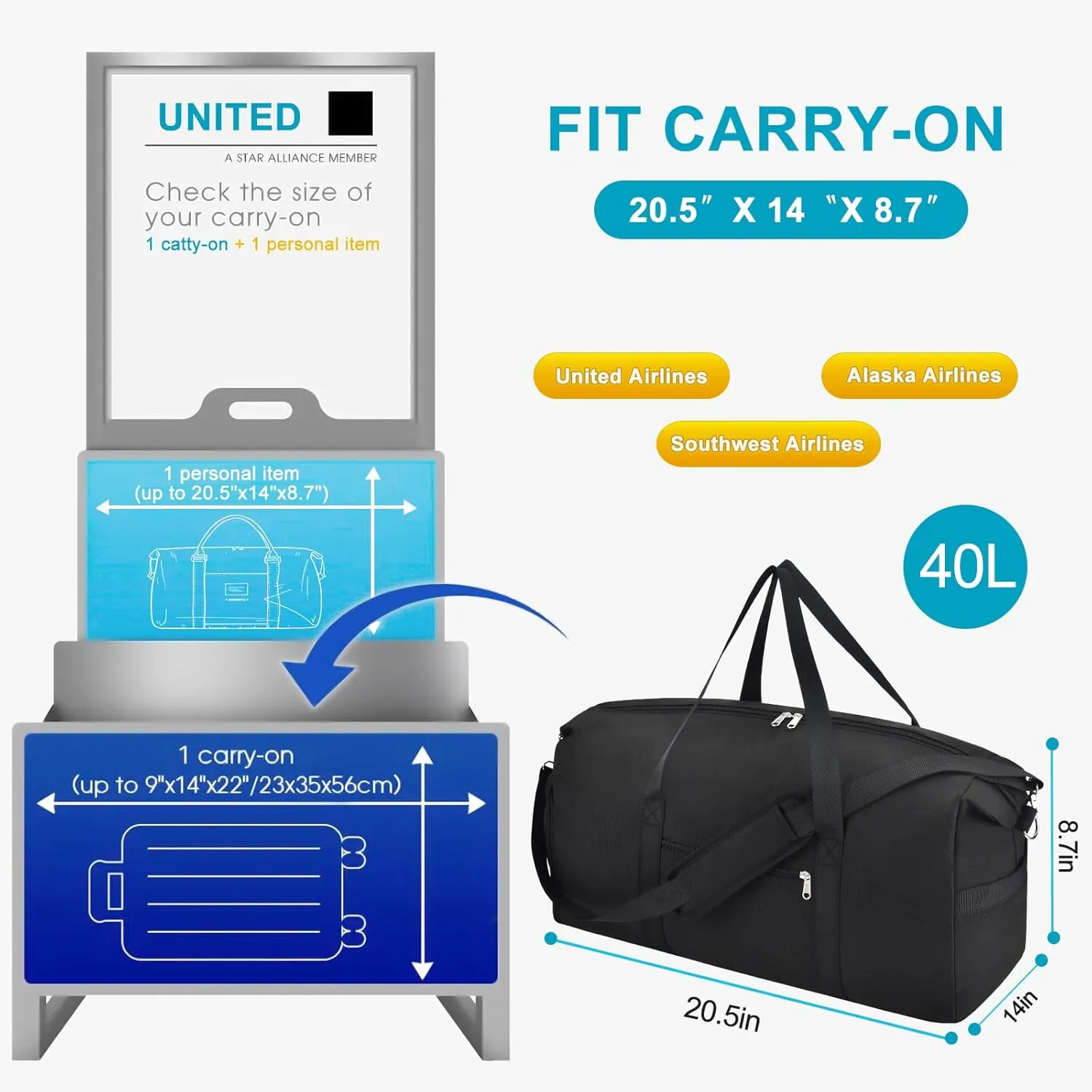 Felipe Varela Carry on luaggage 22x14x9 Airlines Approved, Foldable Carry on Bag Travel Duffel Bags Small Overnight weekender Gym Duffle Bag with Wet Pocket for Women Men (Black, 40L)