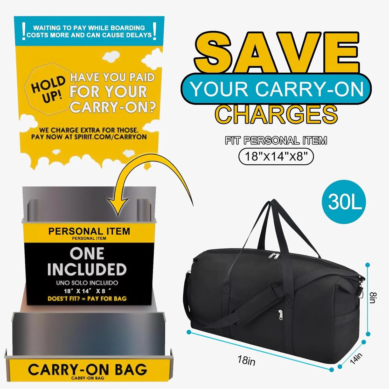 Felipe Varela For Spirit Airlines Personal Item Bag 18x14x8, Foldable Travel Duffel Bags Small Overnight weekender Gym Duffle Carry on Luggage Underseat Bag with Wet Pocket(Black, 30L)