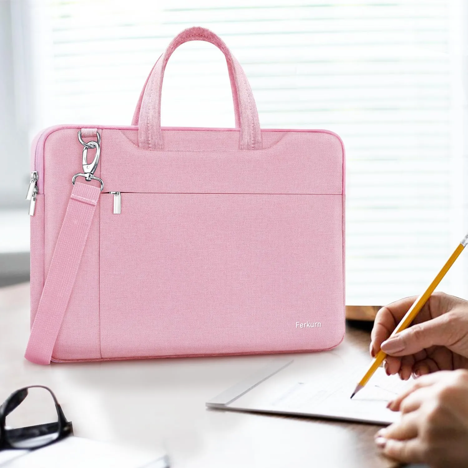 Ferkurn Laptop Bag Case Women Men Computer Sleeve with Shoulder Compatible with HP Envy Pavilion/Inspiron/Thinkpad/Vivobook/MSI/Surface,Waterproof Briefcase with Handle, Pink, 15 15.6 Inch