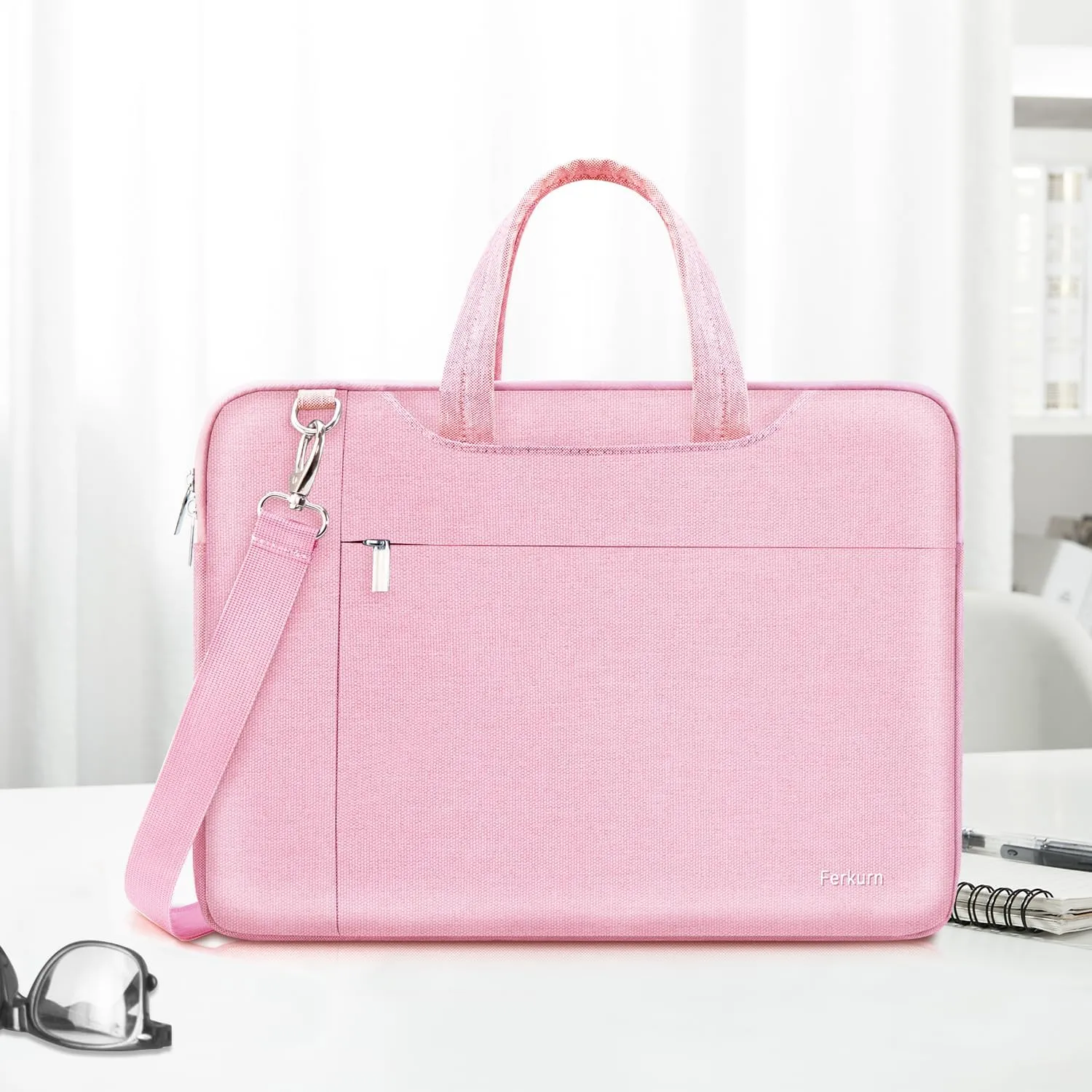 Ferkurn Laptop Bag Case Women Men Computer Sleeve with Shoulder Compatible with HP Envy Pavilion/Inspiron/Thinkpad/Vivobook/MSI/Surface,Waterproof Briefcase with Handle, Pink, 15 15.6 Inch