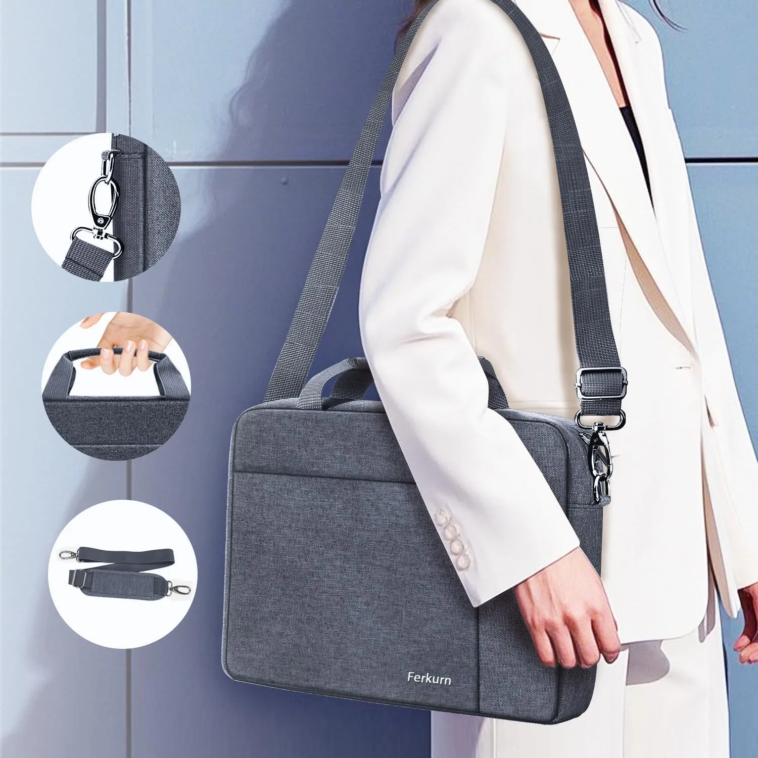 Ferkurn Laptop Case Sleeve 15.6 16 Inch Laptop Bag Compatible with Women Men Compatible with HP Envy Pavilion/Dell Inspiron XPS/Lenovo/Acer, Strap Carrying Briefcase Computer Bag Case, Grey