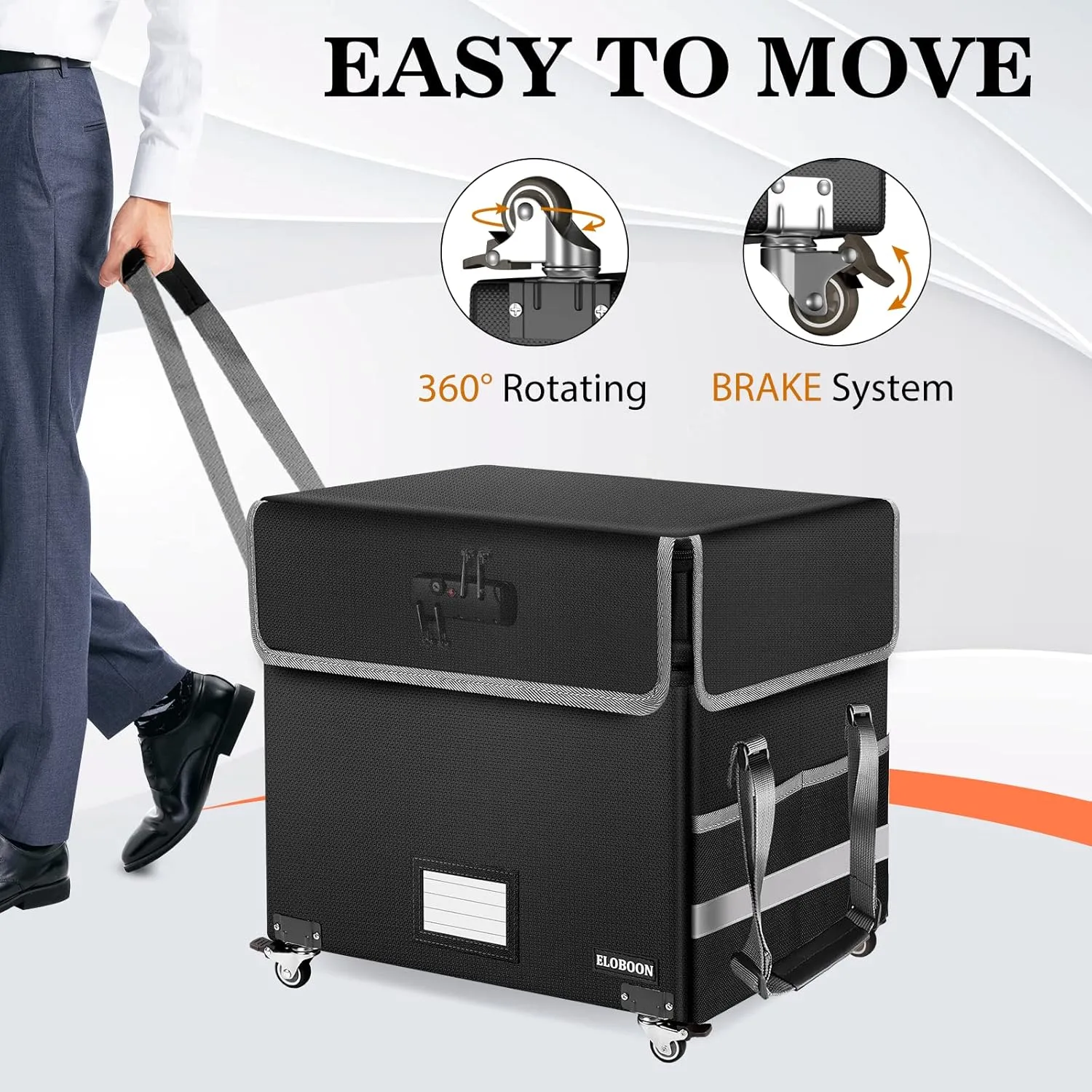 File Box with Lock, Fireproof Document Box with Wheels, Collapsible File Organizer Box, File Storage Box for Home & Office, Rolling File Cabinet for Hanging Letter/Legal Folders, Black