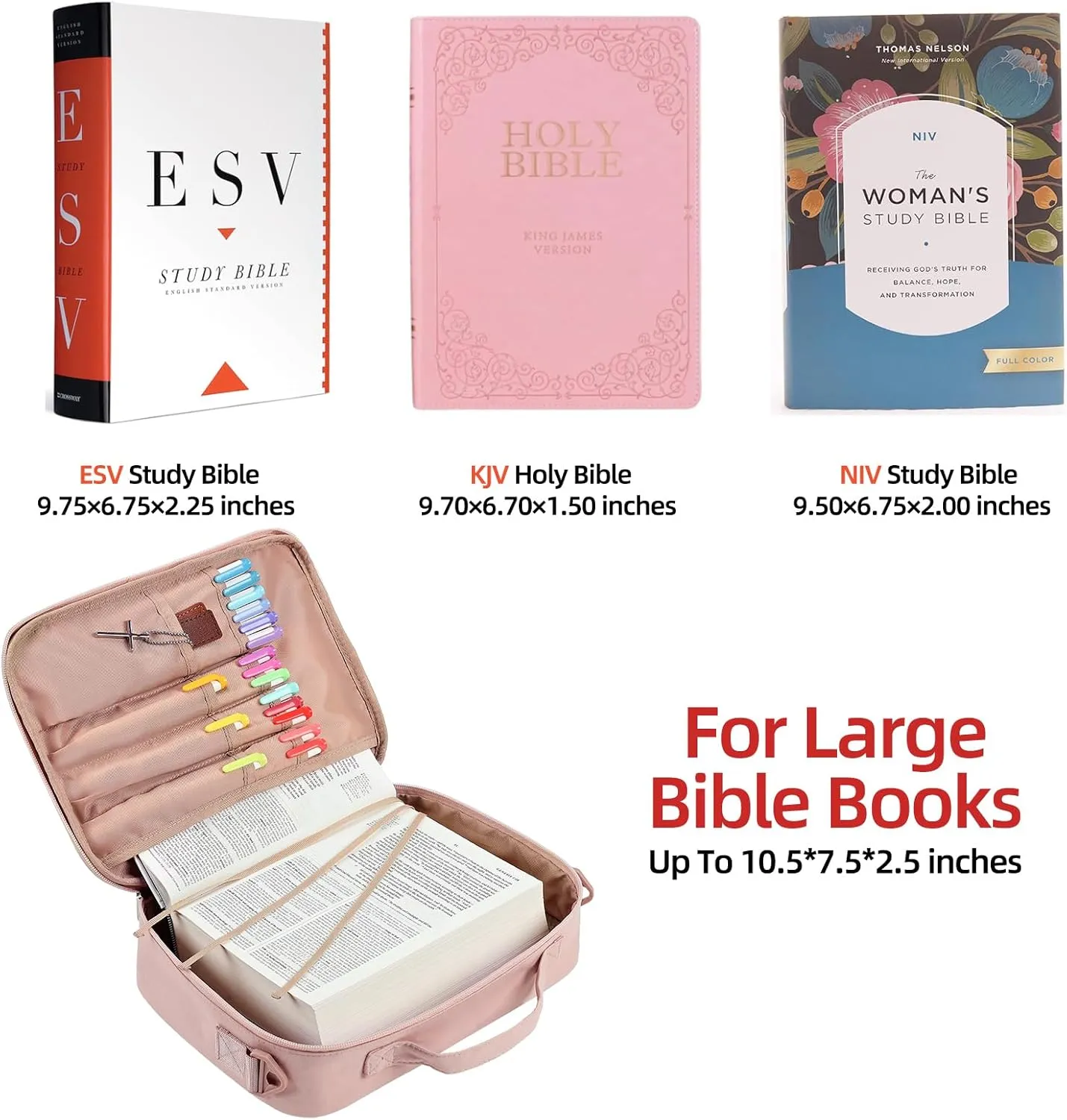 FINDCOZY Bible Cover Case for Women, Large Carrying Church Bag for Biblical Accessories with Shoulder Strap and Handle, Pink