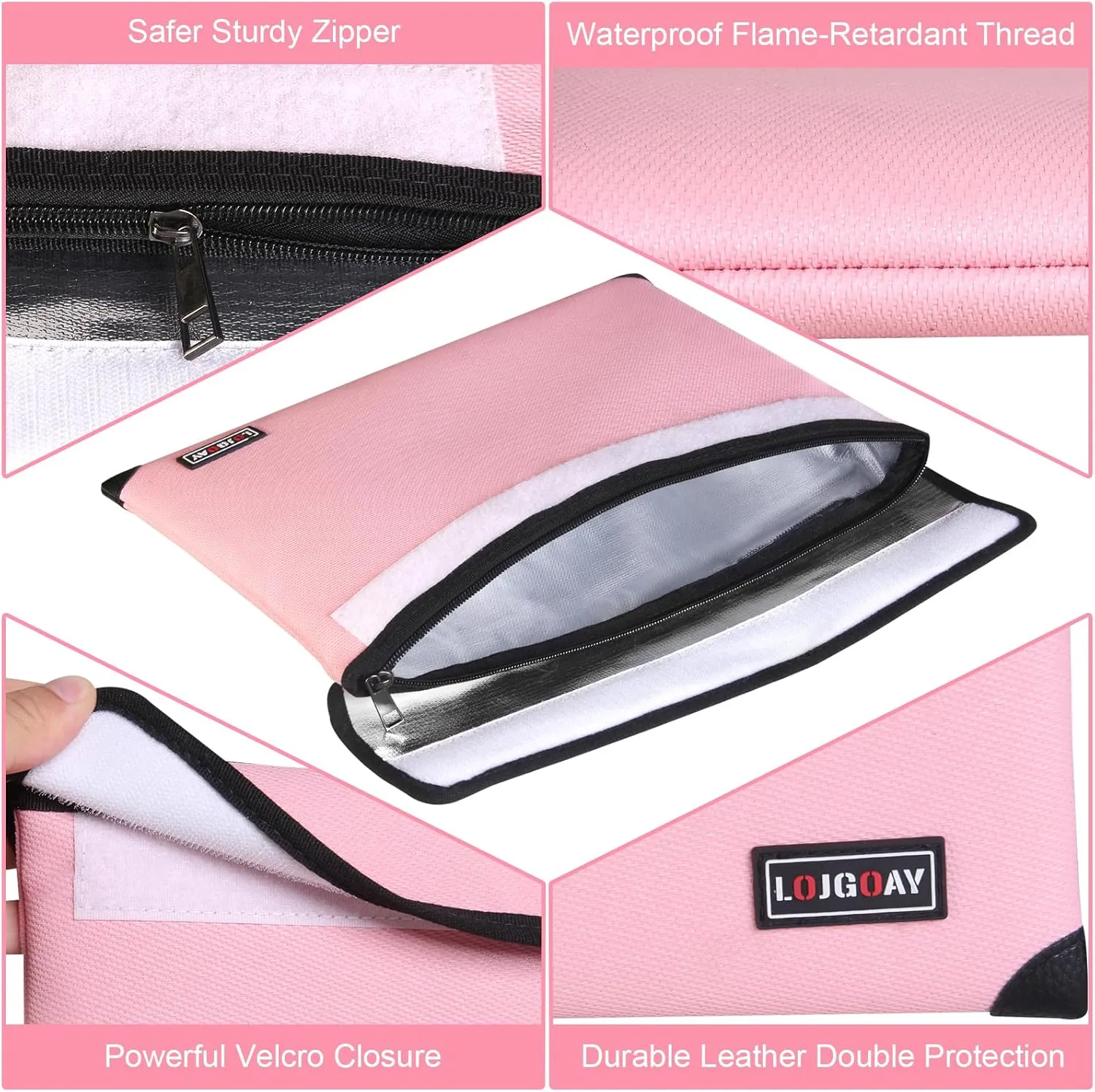 Fireproof Bag with 5200℉ Thermal Insulated, Waterproof Fireproof document bag with Zipper, Fireproof Money Bag for Cash, Fireproof Safe Bags for Home Safe Bank Valuable Documents (Pink, 11"x7.7")