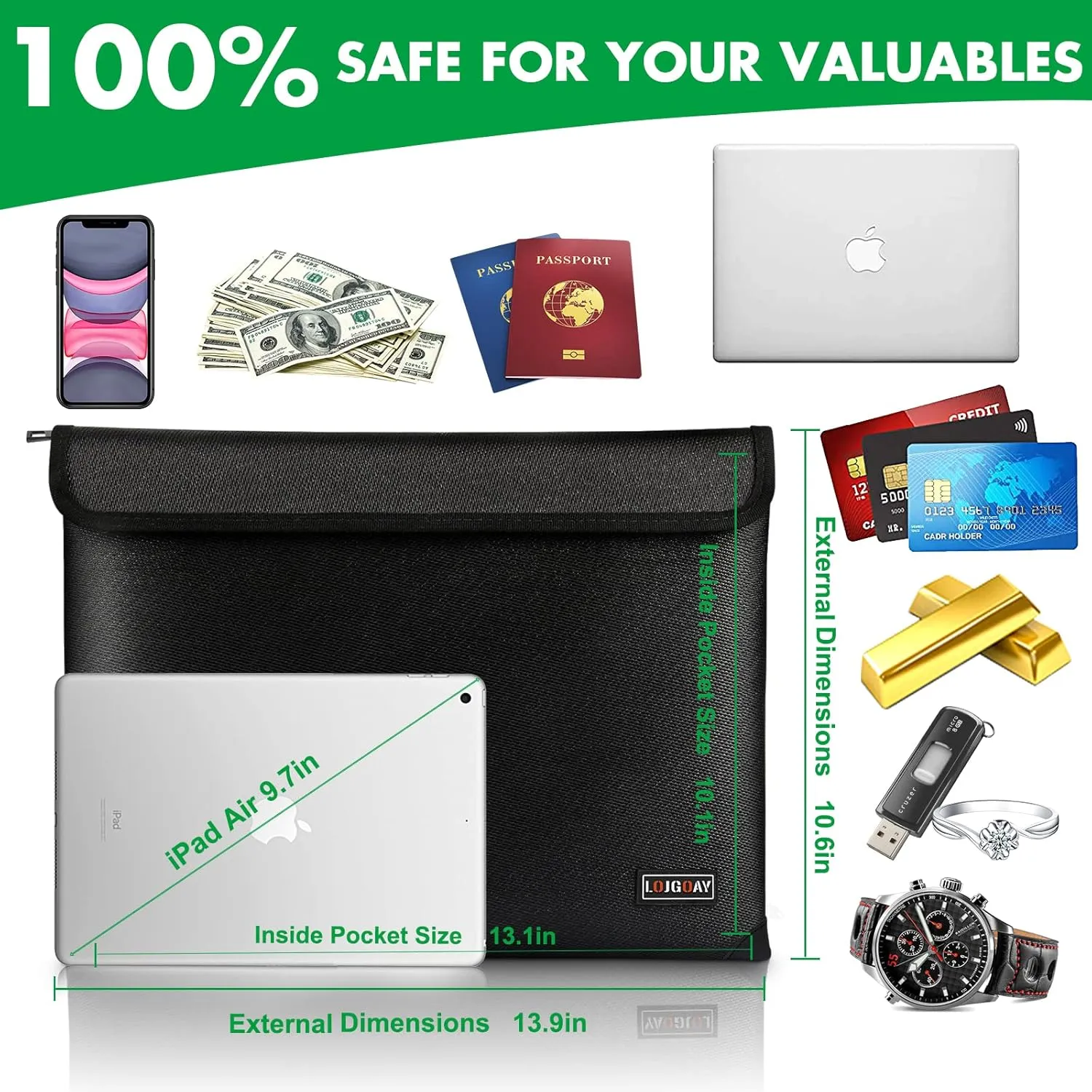 Fireproof Document Bag - with 5200°F Heat Insulated, Waterproof Fireproof Bag with Zipper, 8 Layers of Functional Materials, Fireproof Money Bag for Cash/Documents/Valuables, Fire Bag 13.9"x10.6"