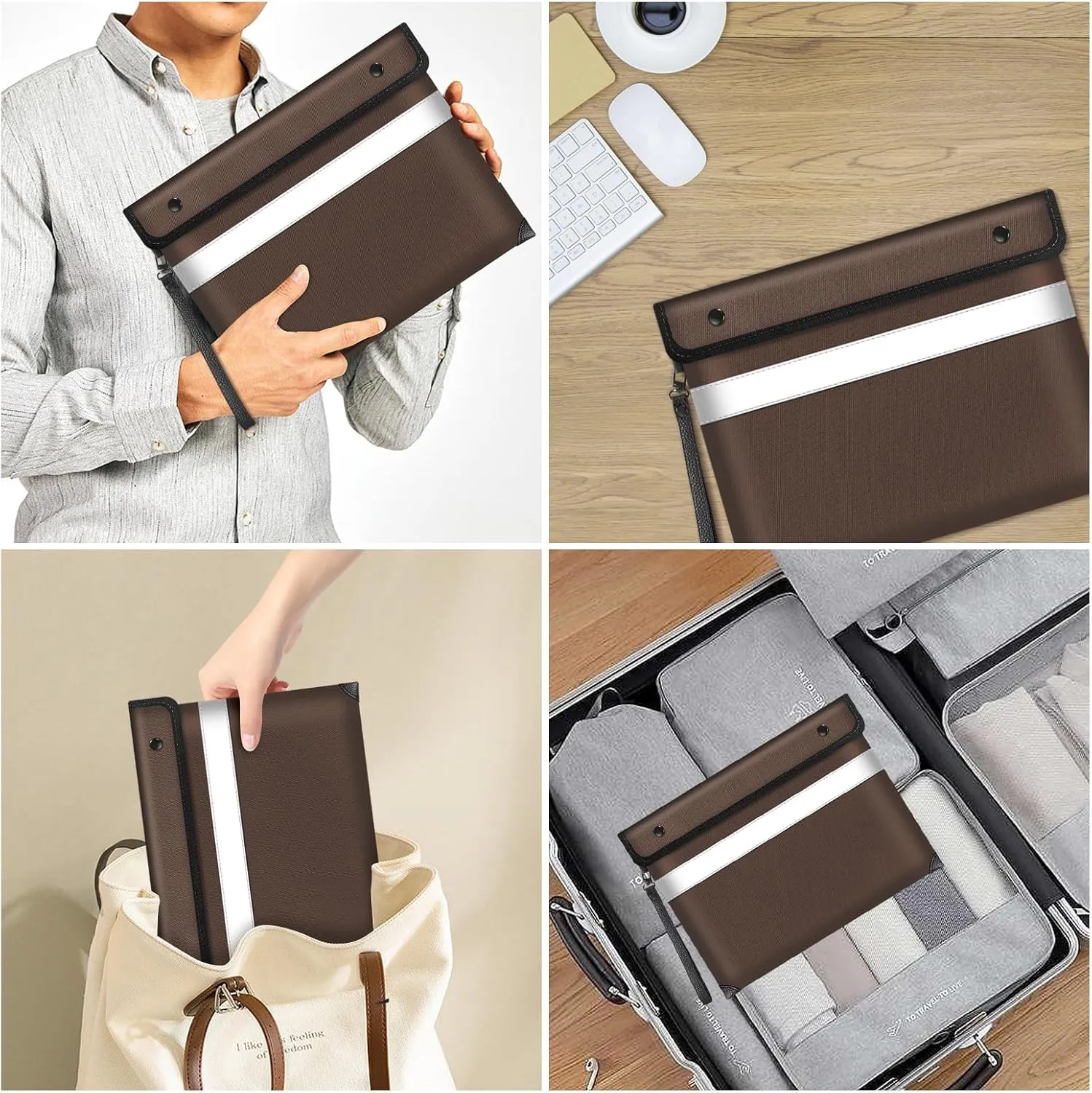 Fireproof Document Bag,5200℉ Insulated Fire Proof Money Bag for Cash,Waterproof Document Pouch with Water Resistant Zipper,8 Layers of Heat Insulated Materials,13.9x10.6 Inch(Brown)