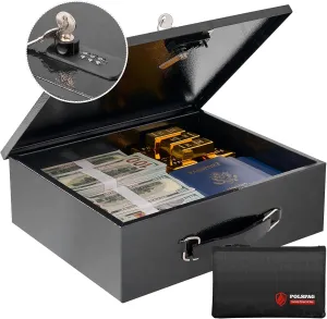 Fireproof Document Box with Combination Lock,Fireproof Money Bag Included-Secure Storage for Valuables, Documents,Fire Resistance Safety Chest,Fire Safe Box,Fireproof Box for Home Travel,Black