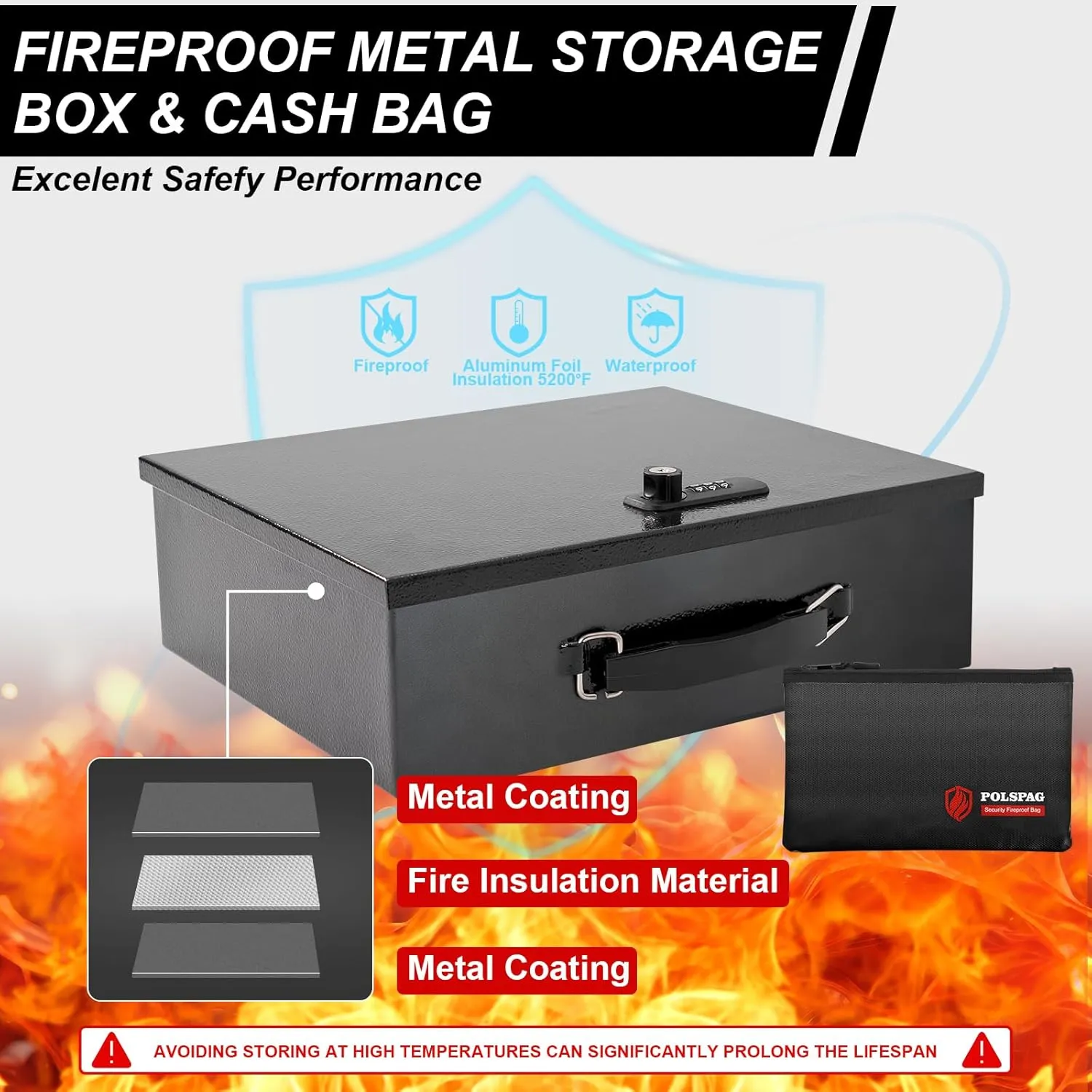 Fireproof Document Box with Combination Lock,Fireproof Money Bag Included-Secure Storage for Valuables, Documents,Fire Resistance Safety Chest,Fire Safe Box,Fireproof Box for Home Travel,Black