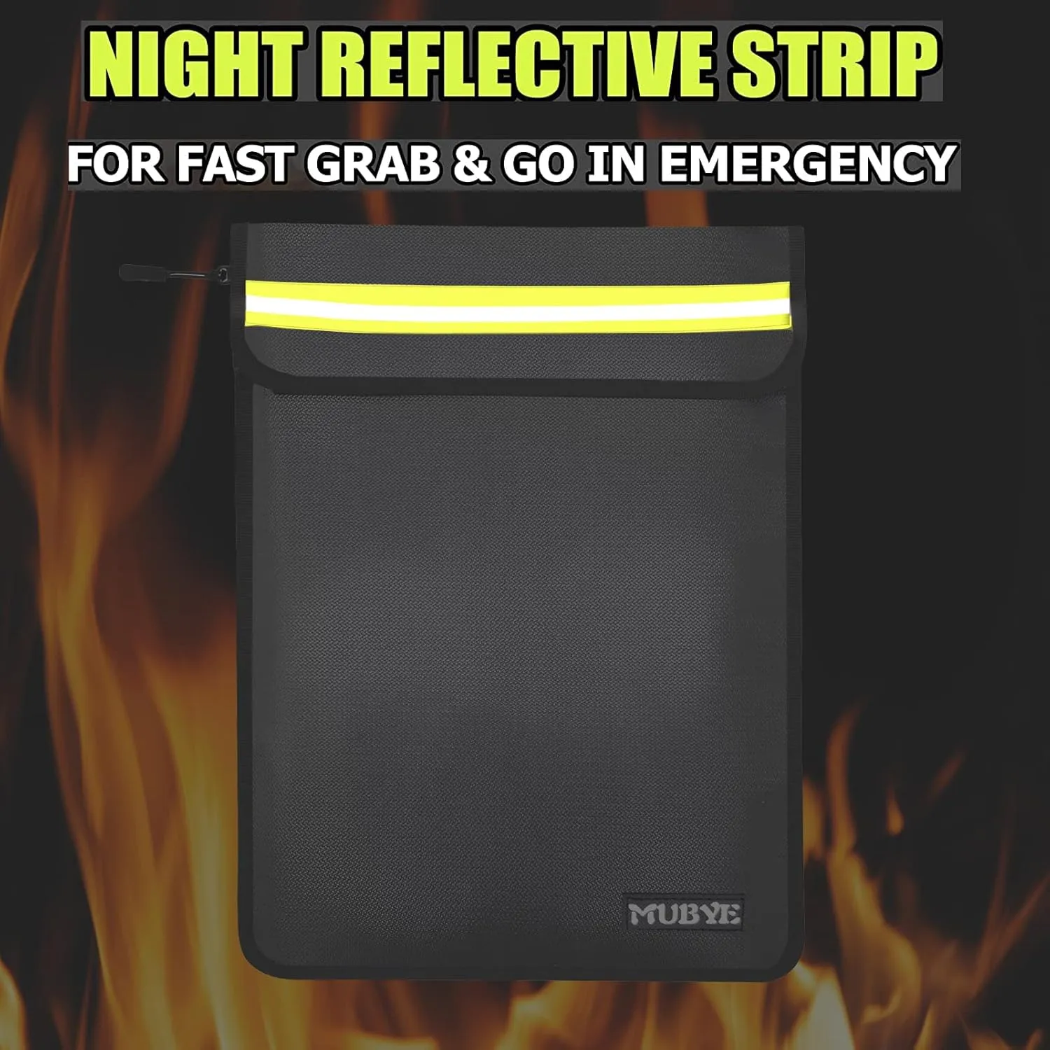 Fireproof Waterproof Money Document Bag - 15"x 11" Safe Zipper Bags with Reflective Strip, Fire & Water Proof Storage Organizer Pouch for Important Documents Holder,File,Cash,Passport,Tablet (Black)