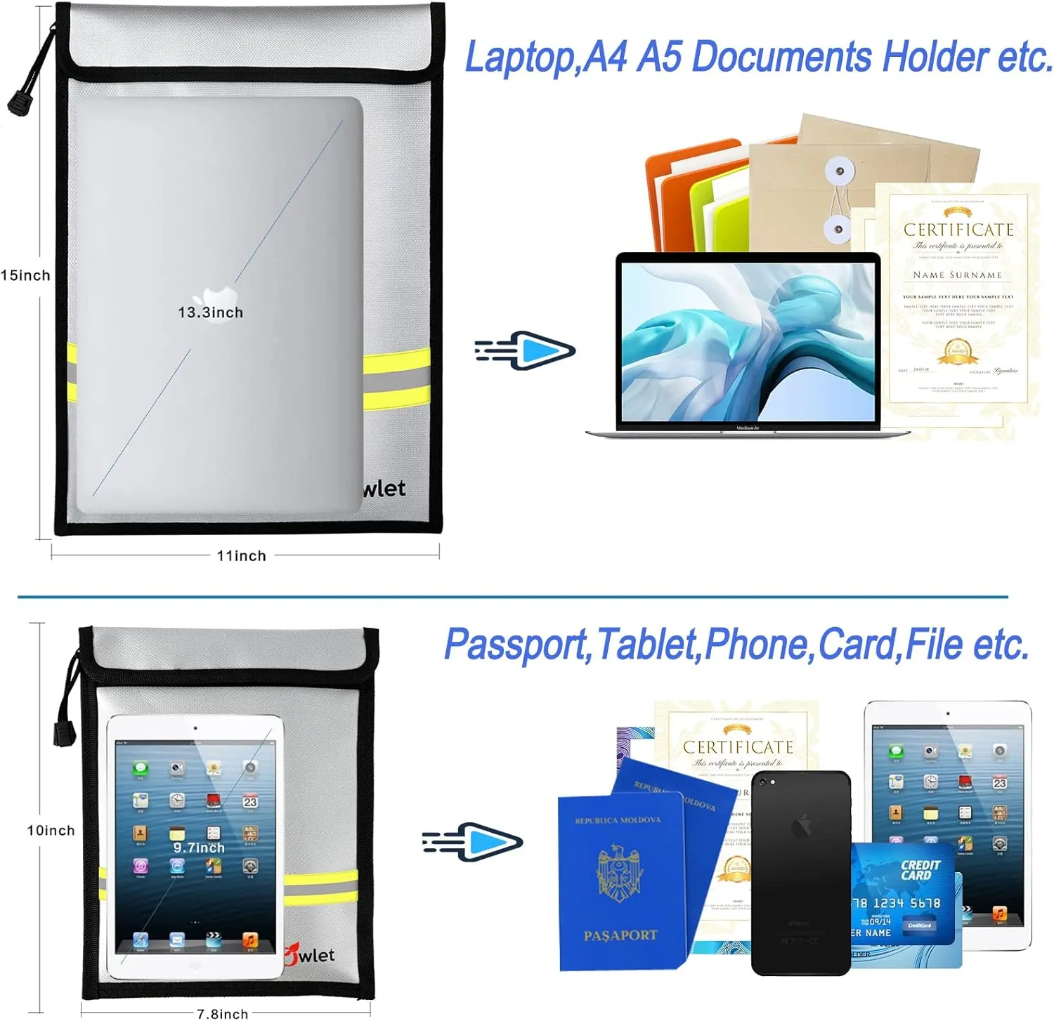 Fireproof Waterproof Money Document Bag - 2 Pack Safe Upgraded Zipper Bags, Fire & Water Resistant Storage Organizer Pouch for A4 A5 Documents Holder,File,Cash,Jewelry,Passport,Tablet,Laptop (Gray)