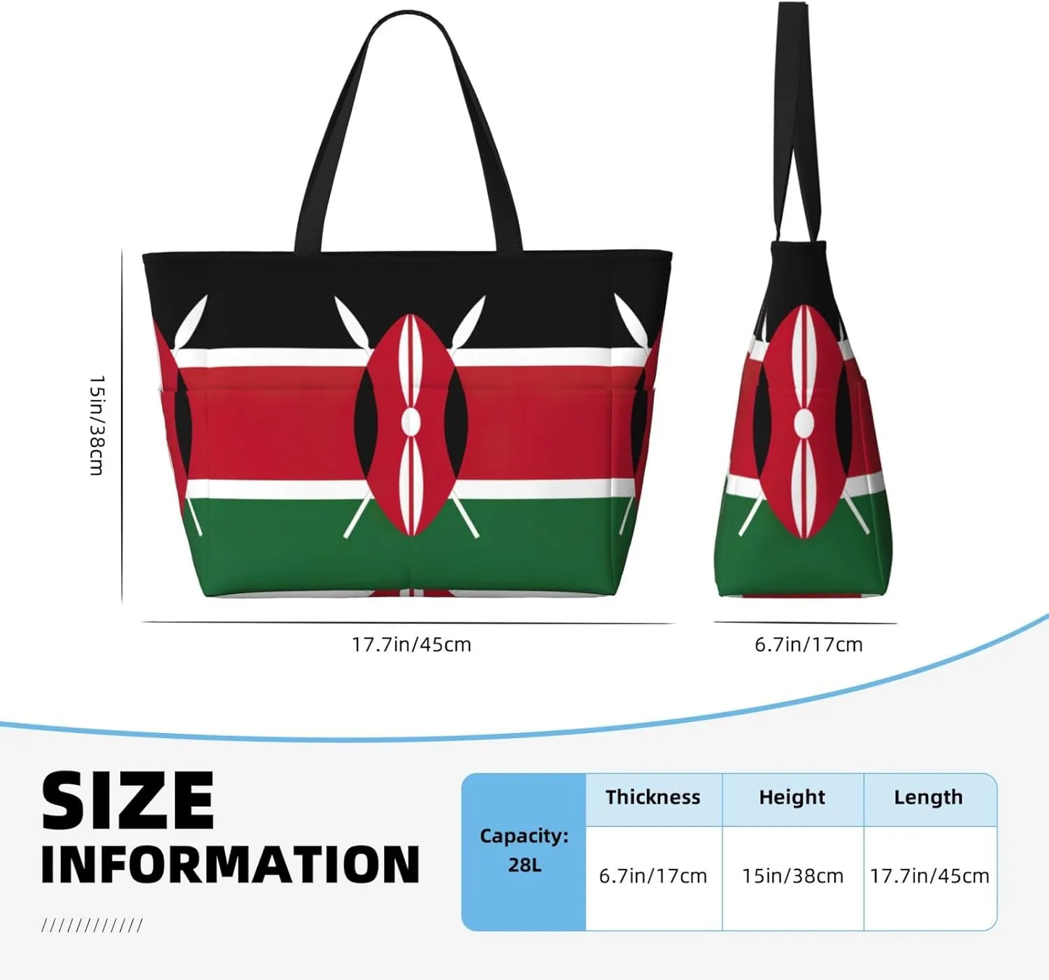 Flag Of Kenya Extra Large Tote Bag For Women,Foldable Beach Bag With Pocket Weekender Travel Overnight Bag