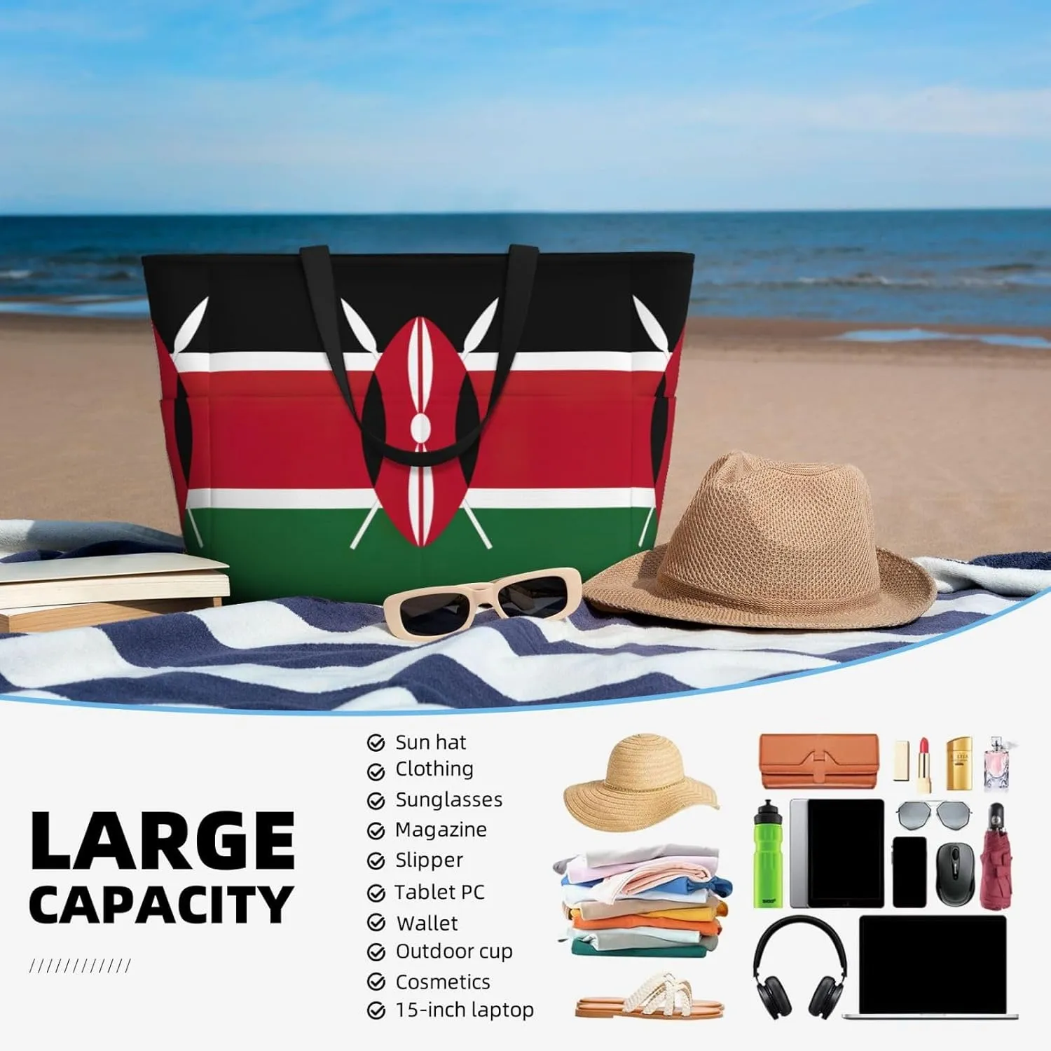 Flag Of Kenya Extra Large Tote Bag For Women,Foldable Beach Bag With Pocket Weekender Travel Overnight Bag