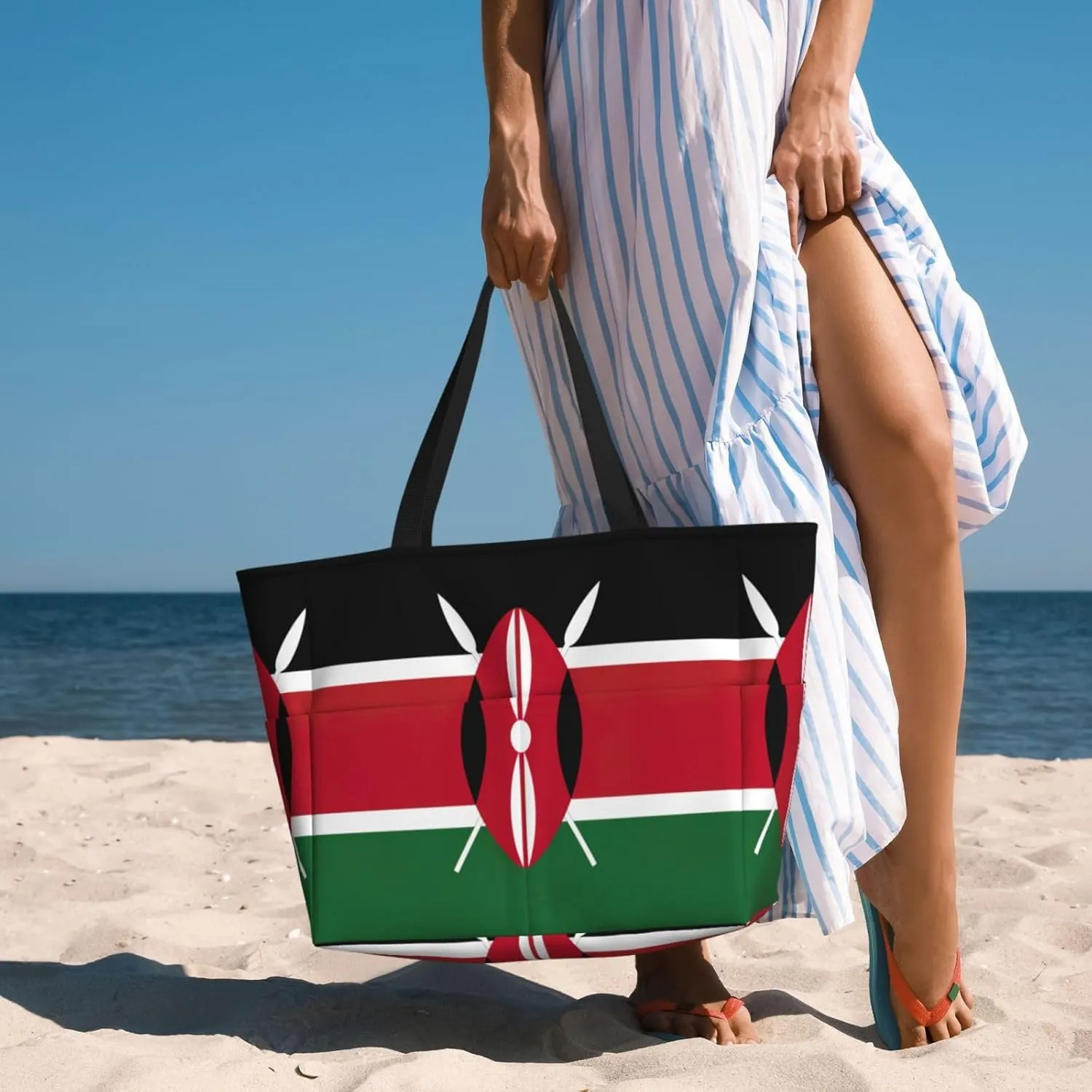 Flag Of Kenya Extra Large Tote Bag For Women,Foldable Beach Bag With Pocket Weekender Travel Overnight Bag