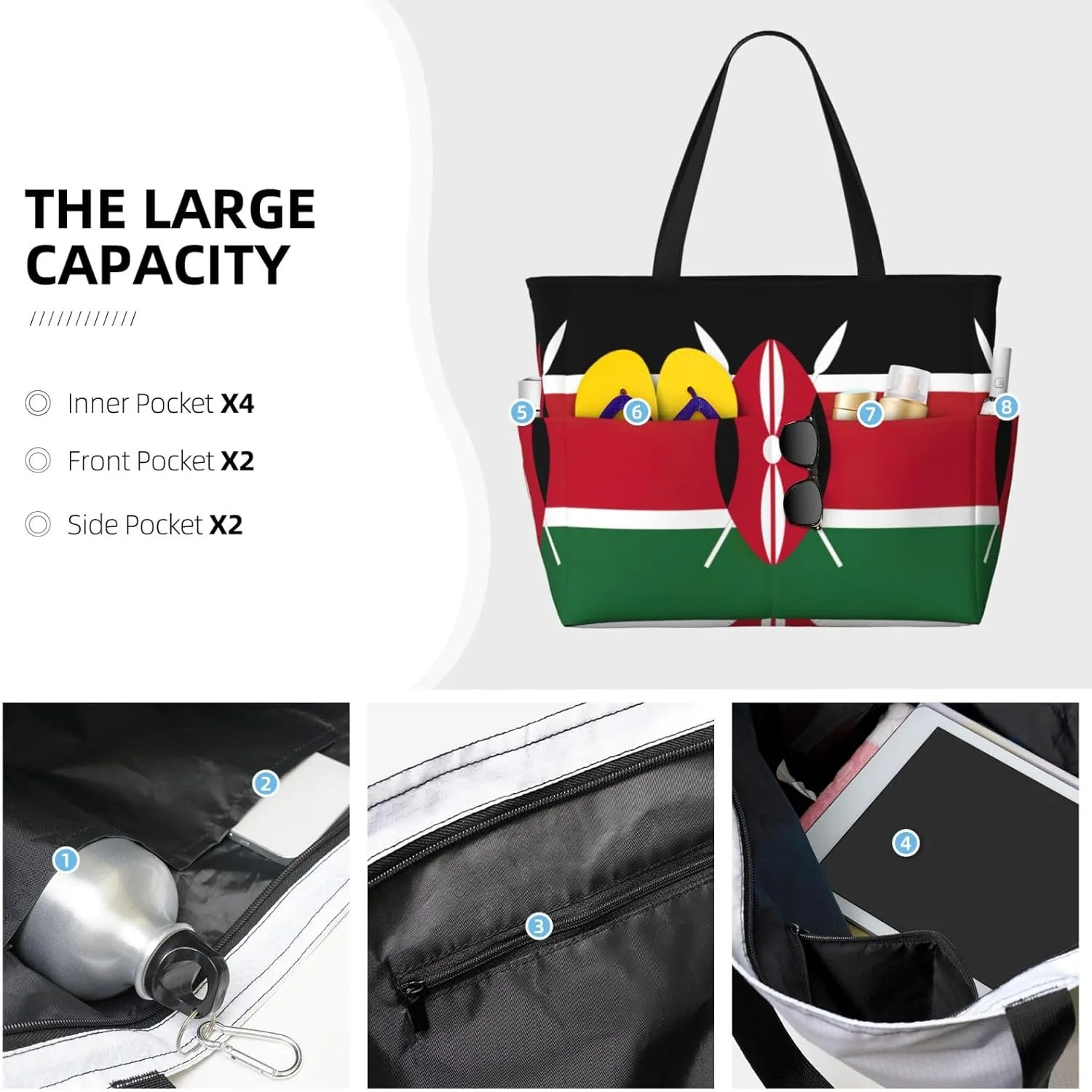Flag Of Kenya Extra Large Tote Bag For Women,Foldable Beach Bag With Pocket Weekender Travel Overnight Bag