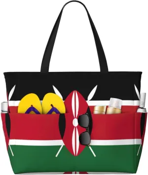 Flag Of Kenya Extra Large Tote Bag For Women,Foldable Beach Bag With Pocket Weekender Travel Overnight Bag