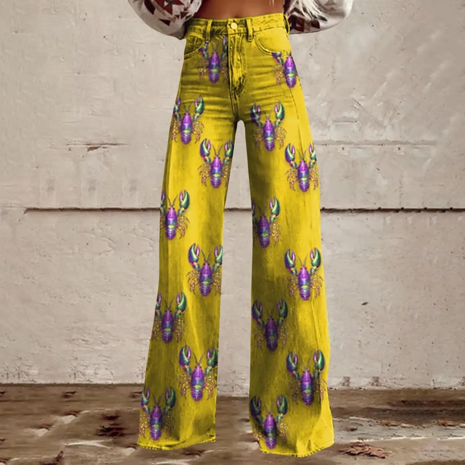 Flare Jeans for Women 2025 Wide Leg Baggy Pant Vintage Floral Print High Waisted Straight Stretch Pants with Pockets