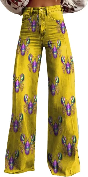 Flare Jeans for Women 2025 Wide Leg Baggy Pant Vintage Floral Print High Waisted Straight Stretch Pants with Pockets
