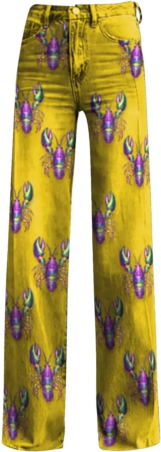 Flare Jeans for Women 2025 Wide Leg Baggy Pant Vintage Floral Print High Waisted Straight Stretch Pants with Pockets