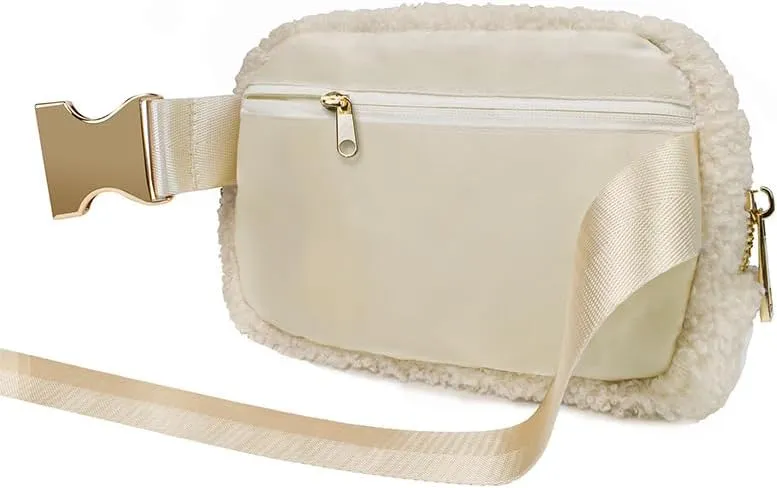 Fleece Belt Bag Gold Hardware Women Sherpa Crossbody Waist Bag Cute Small Fanny Sling Pack with Extended Strap (White)