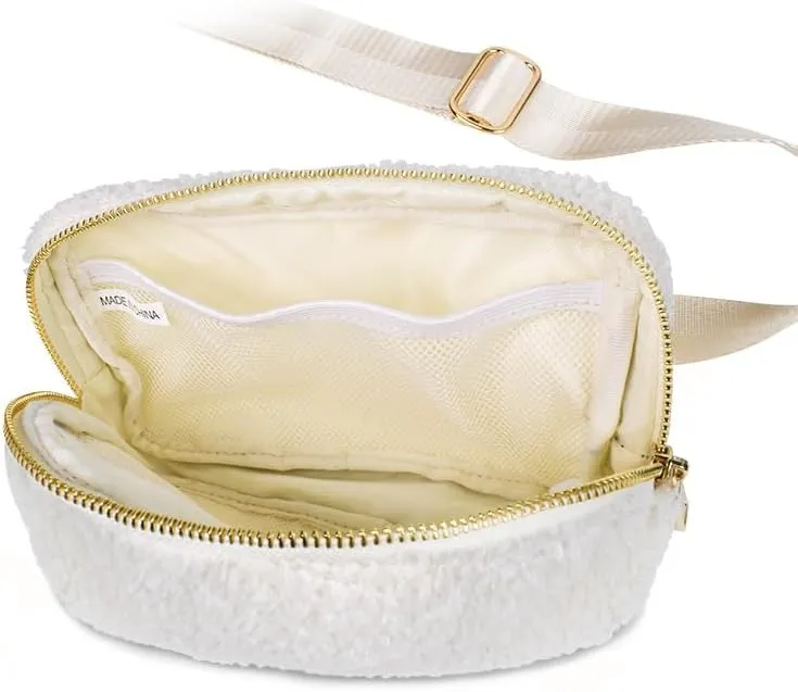 Fleece Belt Bag Gold Hardware Women Sherpa Crossbody Waist Bag Cute Small Fanny Sling Pack with Extended Strap (White)