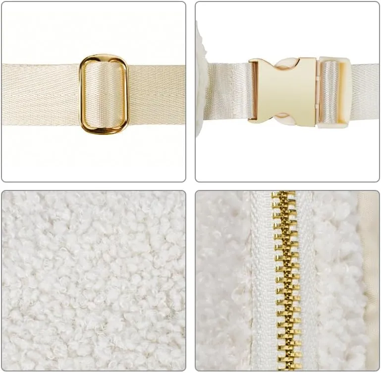 Fleece Belt Bag Gold Hardware Women Sherpa Crossbody Waist Bag Cute Small Fanny Sling Pack with Extended Strap (White)