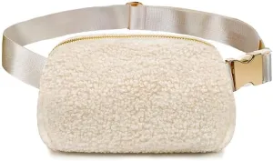 Fleece Belt Bag Gold Hardware Women Sherpa Crossbody Waist Bag Cute Small Fanny Sling Pack with Extended Strap (White)