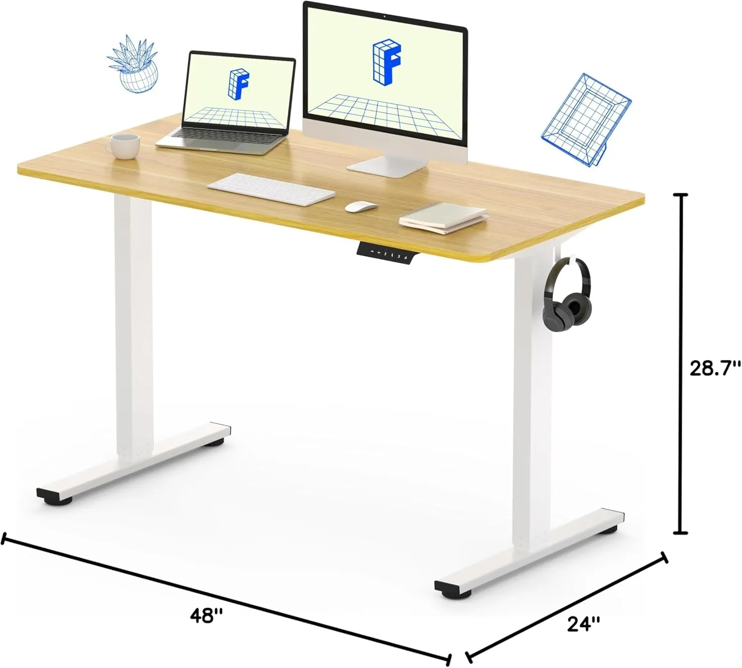 FLEXISPOT EN1 One Piece Standing Desk, 48 x 24 Inches Height Adjustable Desk Electric Stand up Desk Home Office Table for Computer Laptop (White Frame   Maple Desktop)