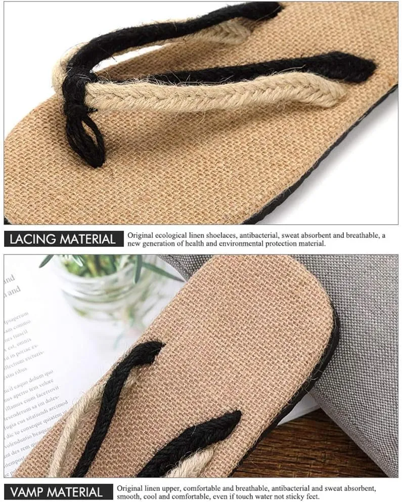 Flip Flops Handmade Straw Linen Slippers,Flip Flops Non Slip Sweat Absorbent Wear Resistant,Beach Slippers Couple Sandals,Black,41