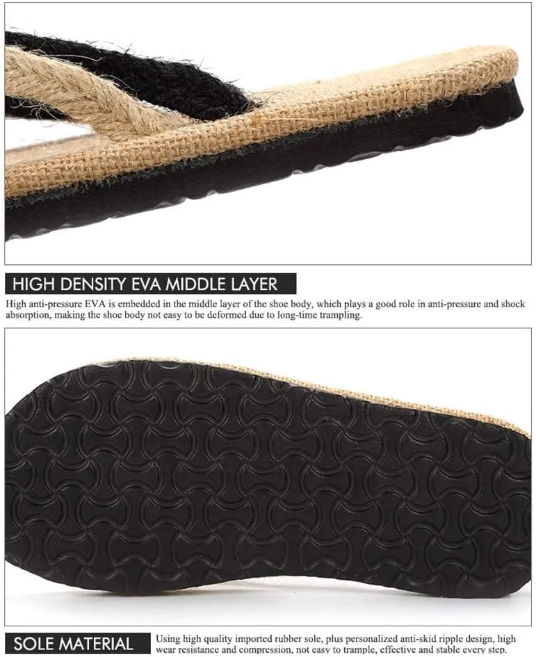 Flip Flops Handmade Straw Linen Slippers,Flip Flops Non Slip Sweat Absorbent Wear Resistant,Beach Slippers Couple Sandals,Black,41